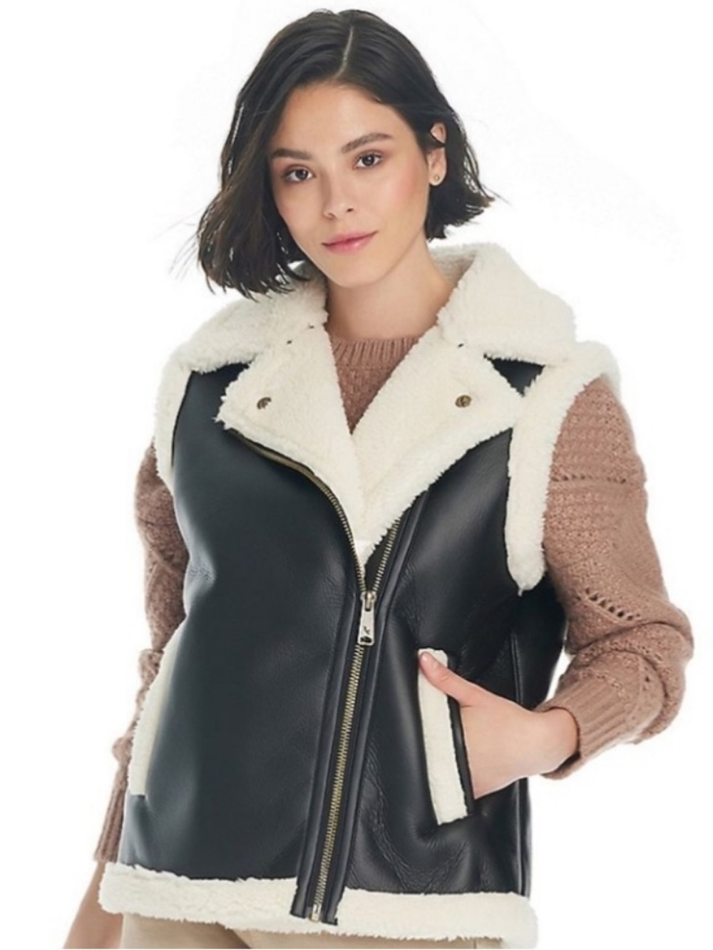Koolaburra by UGG Faux Leather & Sherpa Vest Asymmetrical Zip Closure Sz XXL NWT